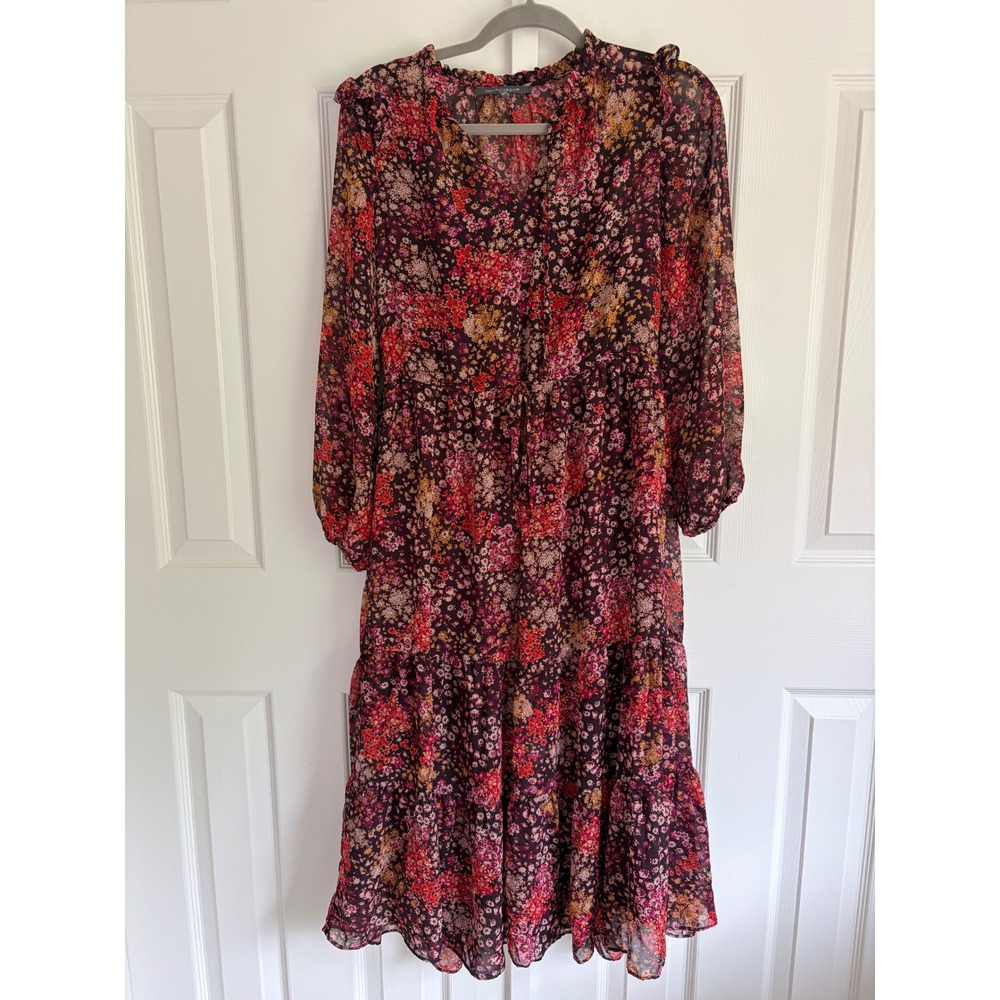 Julia Jordan Floral Midi Dress 2 Burgundy Tiered Ruffle CottageCore Whimsigoth